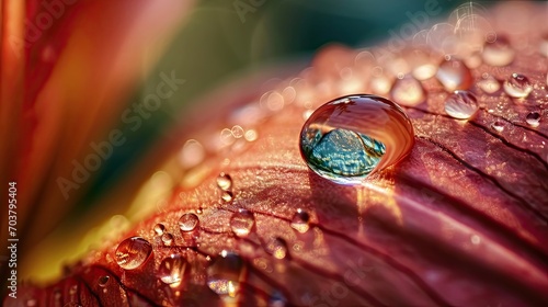 Macro lens shot of flowers in water drops, red orange lilly