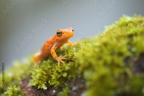 red-spotted newt on mossy boulder