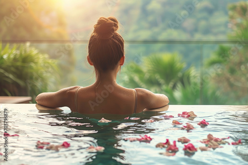 Beautiful young woman relaxing in spa swimming pool