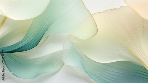 The close view of a gingko leaf showcases a wavy calming color palette, as its fan-shaped forms gently sway in a rhythmic pattern