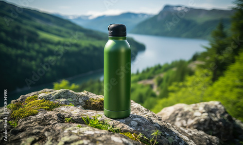 Reusable Green Water Bottle on a Rock in a Natural Mountain Setting, Symbolizing Eco-Friendly Hydration and Adventure Outdoors