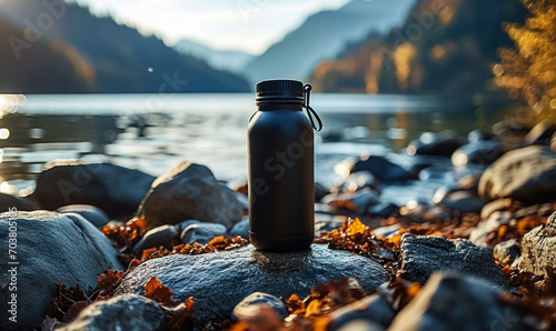 Matte Black Reusable Thermo Water Bottle on a Rocky Shore, Sustainable Drinkware in an Outdoor Lake Setting, Eco-Friendly Concept