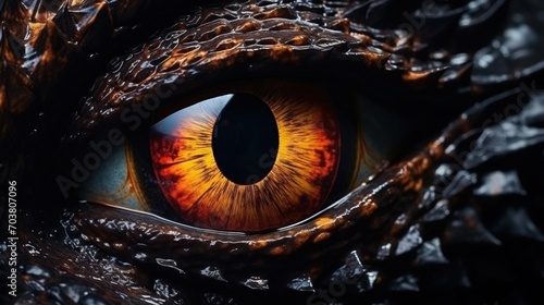 Closeup mysterious dragon eye wild reptile animal. AI generated image