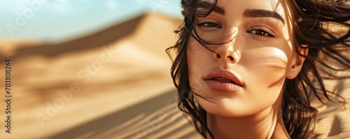 close-up portrait of a beautiful woman against a backdrop of desert dune sand. 