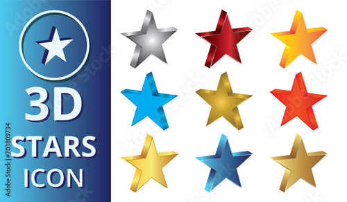3D stars icon set. Star symbol icon. 3d render of a star symbol. Set of realistic golden, blue, red 3D stars. Glossy Christmas stars icon. Vector illustration.