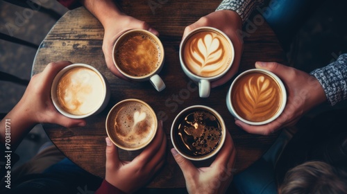  A top-view photo capturing people's hands as they hold mugs of coffee