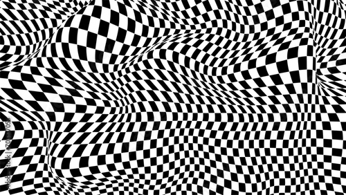 Warped checkered pattern. Optical illusion trippy background. Vector wave checkerboard