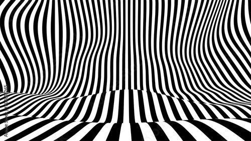 Optical illusion op art wavy background with black and white stripes texture.
