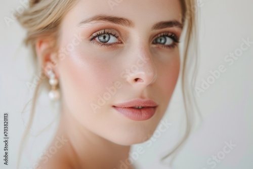 Portrait of a bride on her wedding day. Natural makeup with pearl earrings 