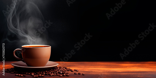 Cup of hot coffee on dark wooden table over black background