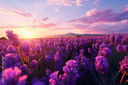 Purple lavender flowers field blooming.
