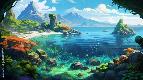 a scene highlighting the beauty of an island chain surrounded by vibrant coral reefs