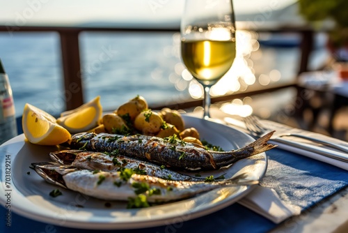Grilled Sardines served in the restaurant at outdoor terrace with potatoes and glass of wine