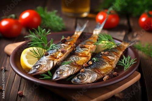 Delicious grilled sardines with lemon. dill and tomato on the brown clay plate on the wooden board