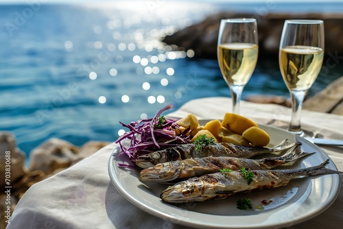 Grilled Sardines served in the restaurant at outdoor terrace with potatoes, salad and glass of wine