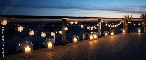 A lighted garland with solar lamps hung on the balustrade of the balcony