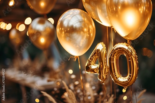 40. Geburtstag, "40" aus goldenen Heliumballons, Jubiläum, festlicher Hintergrund