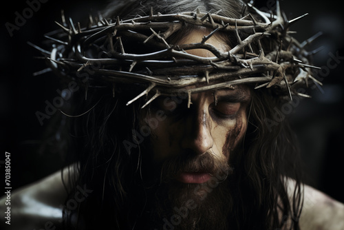 Jesus countenance is solemn, his crown filled with sharp thorns