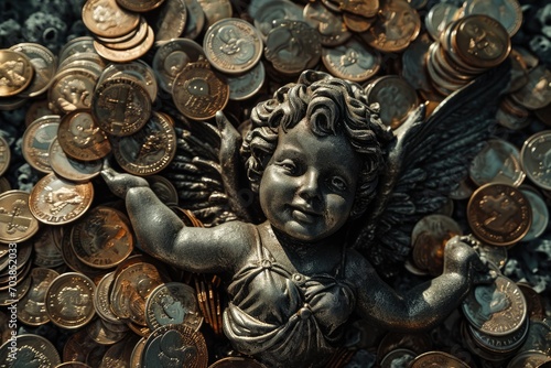 Capitalistic Cupid: A satirical critique portraying Cupid surrounded by coins, humorously commenting on the capitalism and materialism fueling toxic relationships on Valentine's Day.