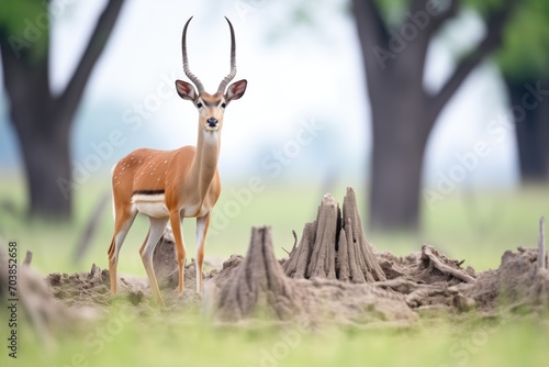 impala standing by termite mound, scanning for predators
