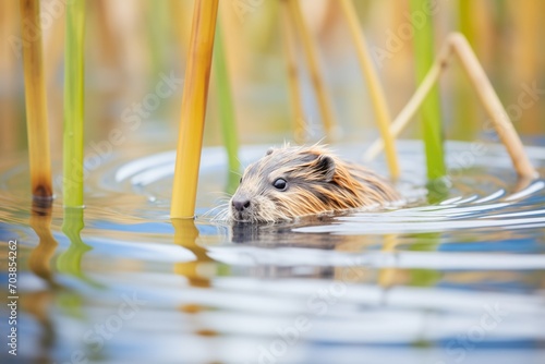 muskrat swimming with reeds in background
