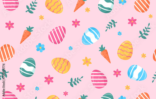 Easter seamless pattern. Repeating design element for printing on fabric. Colorful eggs and carrot. Symbols of spring religious holiday and festival. Cartoon flat vector illustration