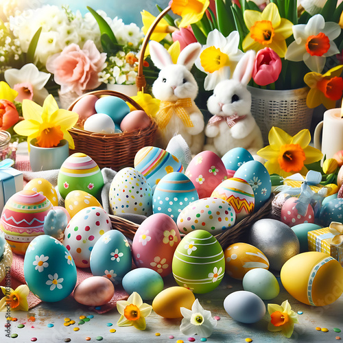 Farbenfrohe Osterszene mit dekorierten Eiern und Frühlingsblumen