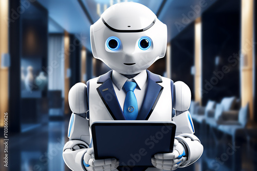 A humanoid robot as a hotel bellboy or concierge