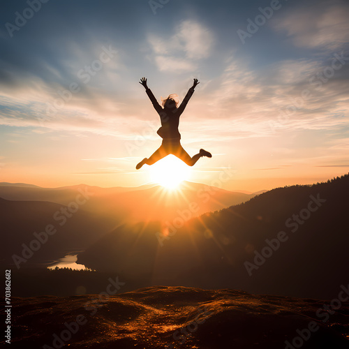 Silhouette of a person jumping for joy on a hill.