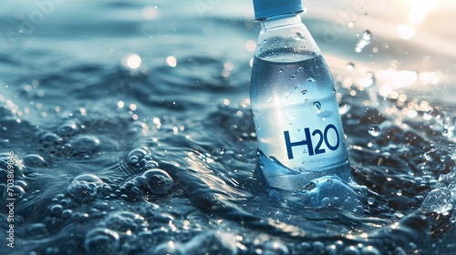 A clear, reusable water bottle filled with fresh water, labeled with the chemical formula H2O to represent a hydration concept, emphasizing the importance of drinking water for health.