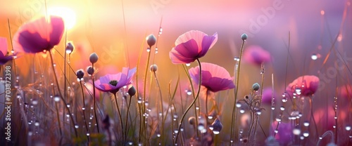 Morning summer or spring. Beautiful wildflowers with dew drops at dawn
