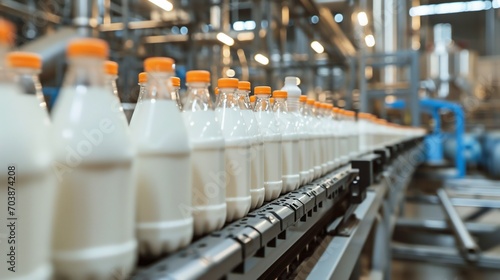 Dairy Production Line with Bottled Milk. Generative ai