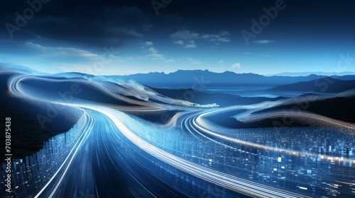 Futuristic Digital Data Highway Through Mountainous Landscape