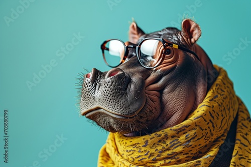 An important and stylish serious hippopotamus wearing glasses and a fashionable yellow scarf on solid background.