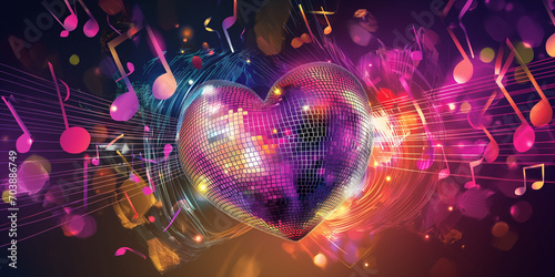 Buntes leuchtendes Disco Herz als Hintergrundmotiv im Querformat für Banner, ai generativ