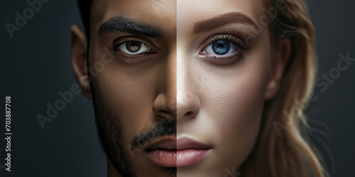 Halbes Gesicht einer Frau und Mann geteilt als Paar oder Vorher und Nachher Nahaufnahme, ai generativ