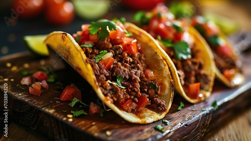 Beef tacos with tomato sauce and salsa from Mexico, close shot, Generative AI.