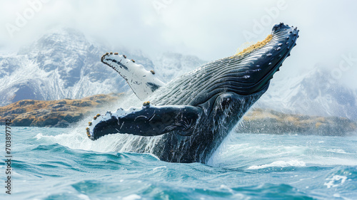 Humpback whale (Megaptera novaeangliae) playing off the coast of Iceland, concept Animals, generative ai