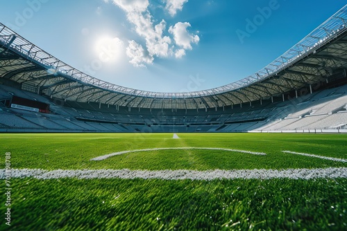 Sunlit football stadium with clear blue sky, lush green pitch, and center circle in focus
