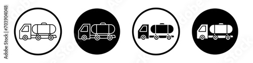 Tank truck icon set. Fuel and oil container truck vector symbol in a black filled and outlined style. Large diesel and petroleum lorry sign.