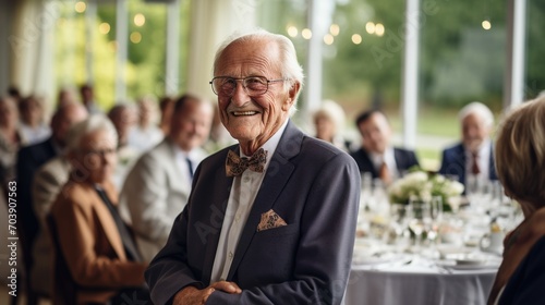 Happy elderly man in a suit at a wedding reception