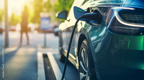 Close up of Modern electric vehicle (EV) plugged into a charging station, showcasing advanced green technology