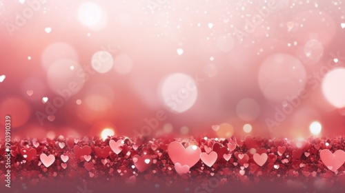 Romantic Valentine's Day background with pink hearts and bokeh roses