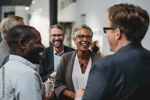Group of diverse business professionals laughing and talking at a networking event