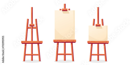 Paint Desk vector set. Cartoon easel isolated on white background with empty canvas. Wooden brown easels with artboards of various shapes for mock up, icon, book etc. Flat style vector illustration 