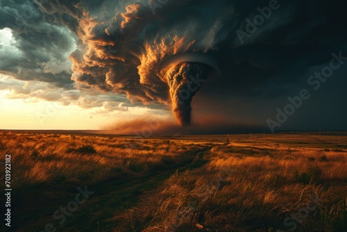 Dramatic tornado forms over rural landscape