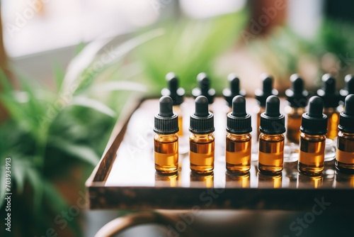 top view of cbd oil vials neatly aligned on a metal rack
