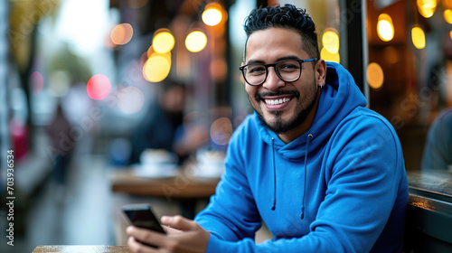 Man with a beard and glasses wearing a blue hoodie, sitting at an outdoor table of a cafe, smiling at the camera while holding a smartphone in his hands.