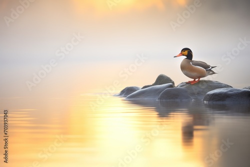 mallard duck on misty lake at sunrise
