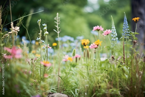 an array of wildflowers at the edge of a woodland